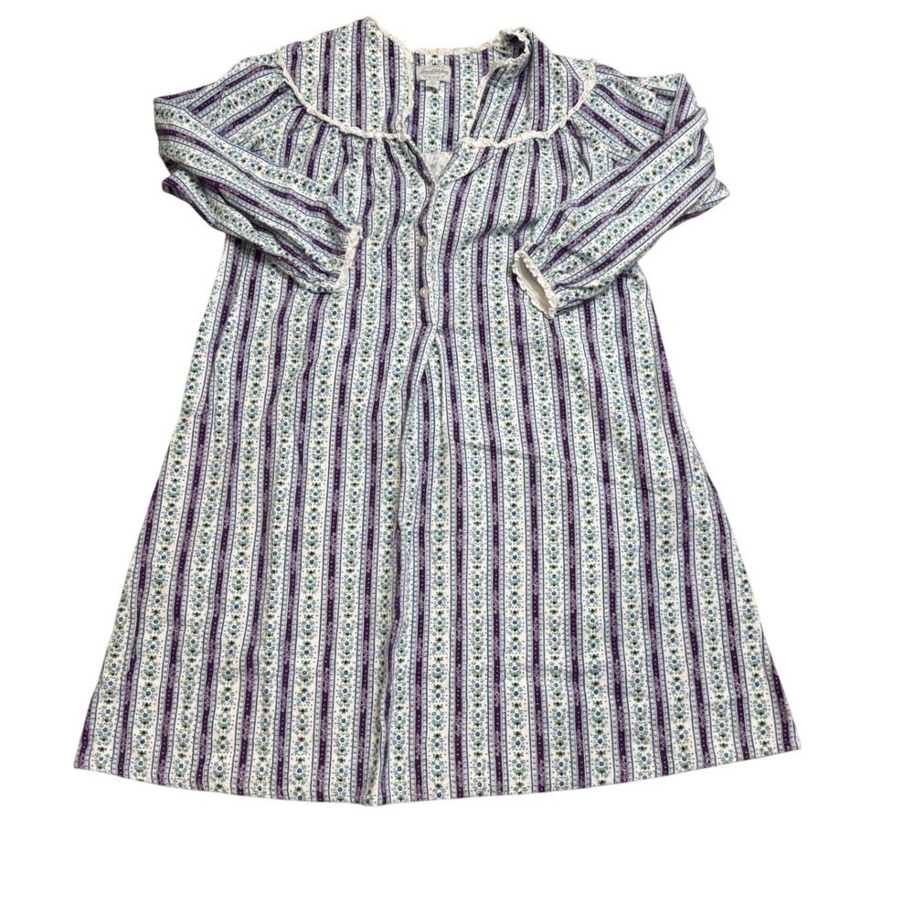 Lanz of Salzburg Women Small Purple Nightgown Floral Striped Long Sleeve Cotton